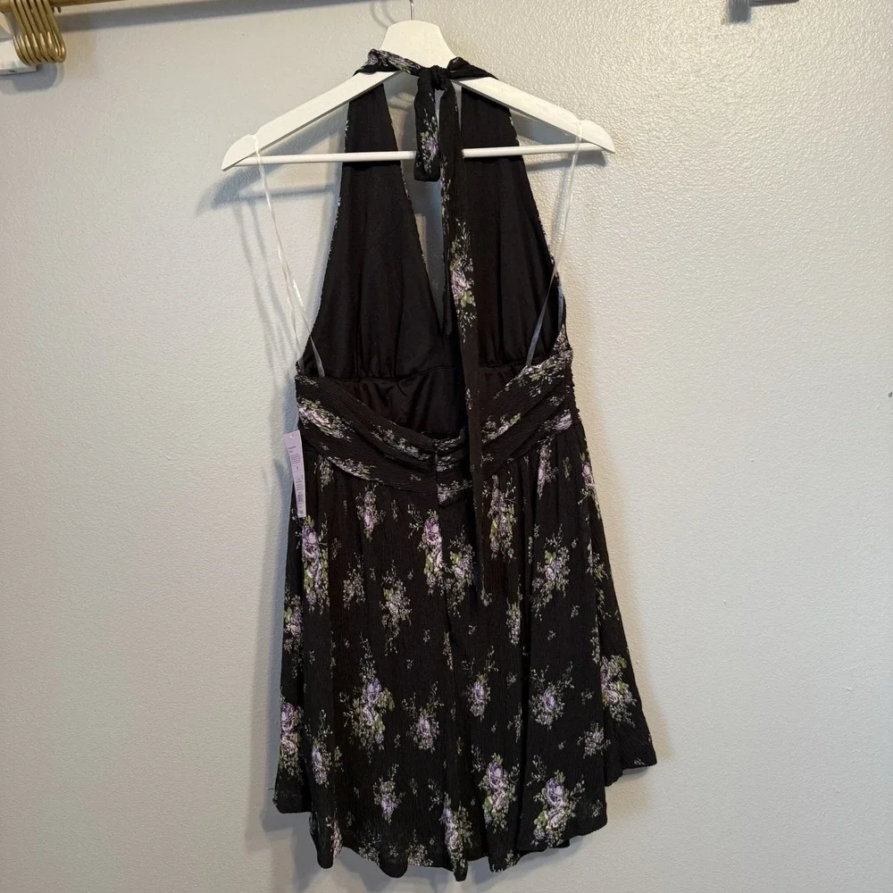 Wild Fable Black Floral Skater Halter Dress Women's Medium Lined Purple Green‎